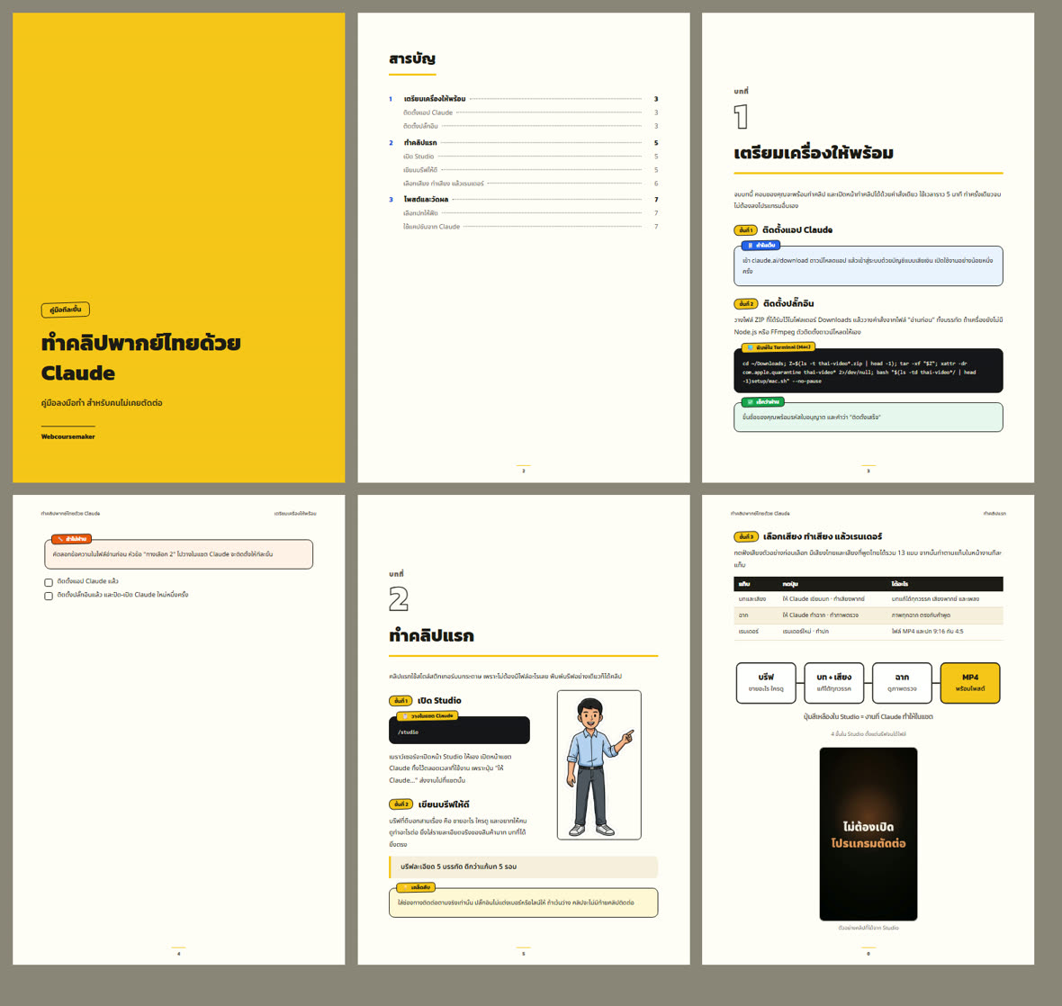 หน้าจริงในไฟล์ PDF ปก สารบัญ หน้าเปิดบท แผนภาพ และภาพจากคลิป
